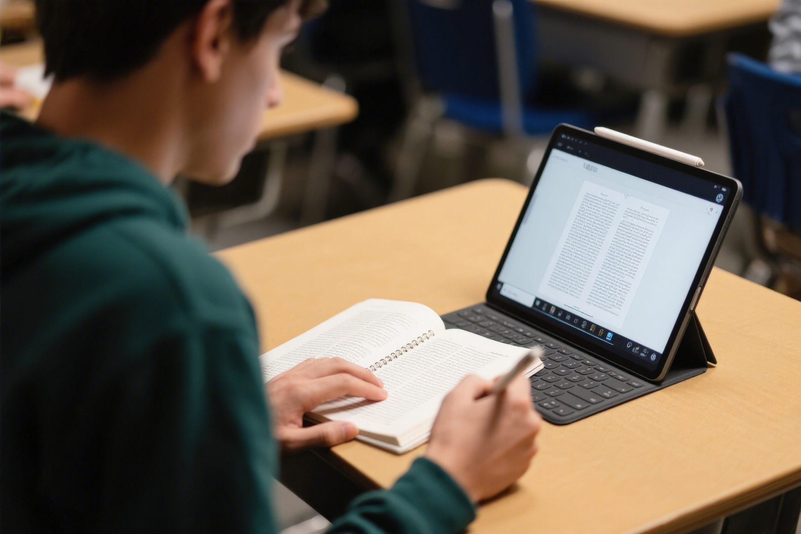 Student pracujący z książką i tekstem na tablecie